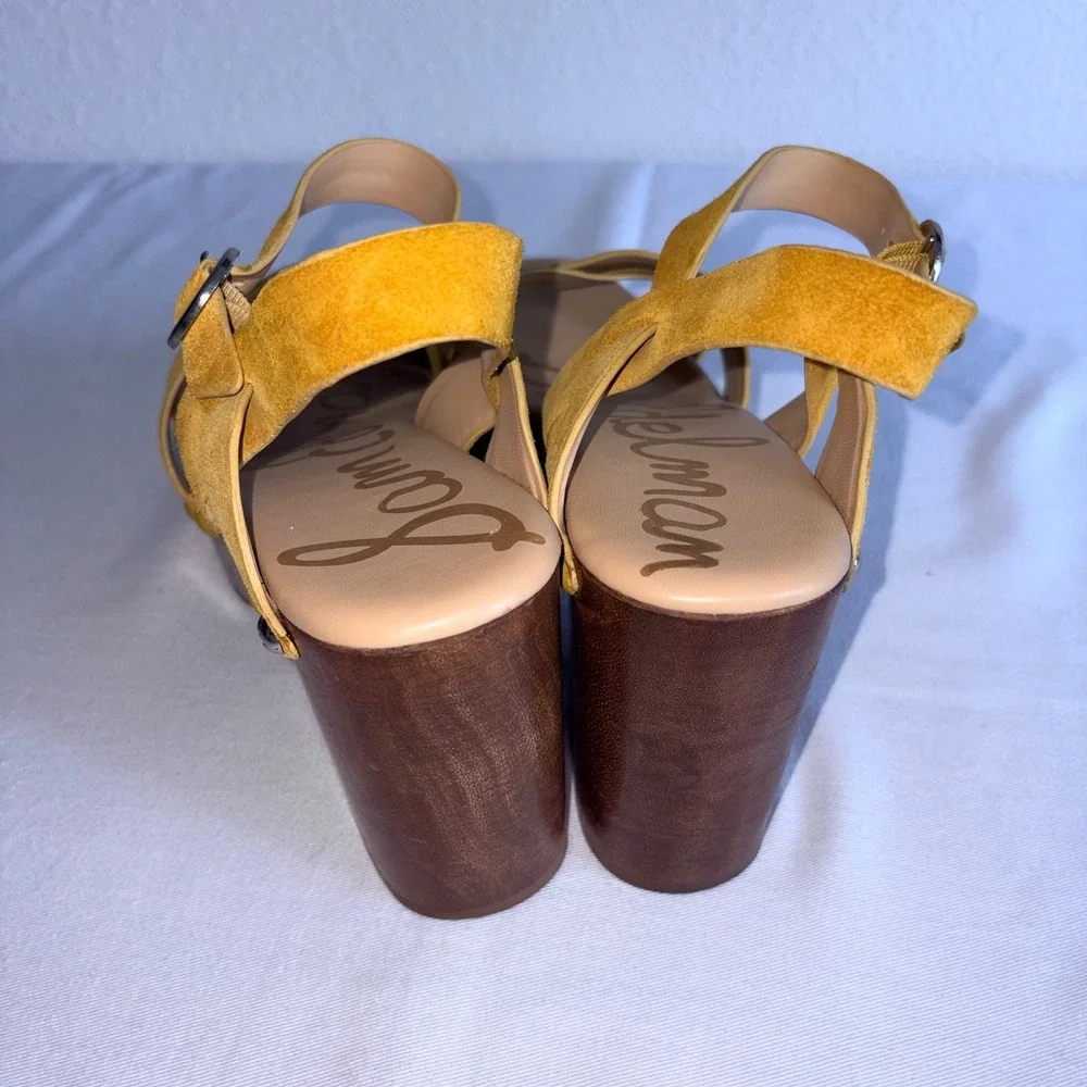 Sam Edelman Josephine platform Sandals 8.5 Mustard Yellow Suede Wood Block Heel